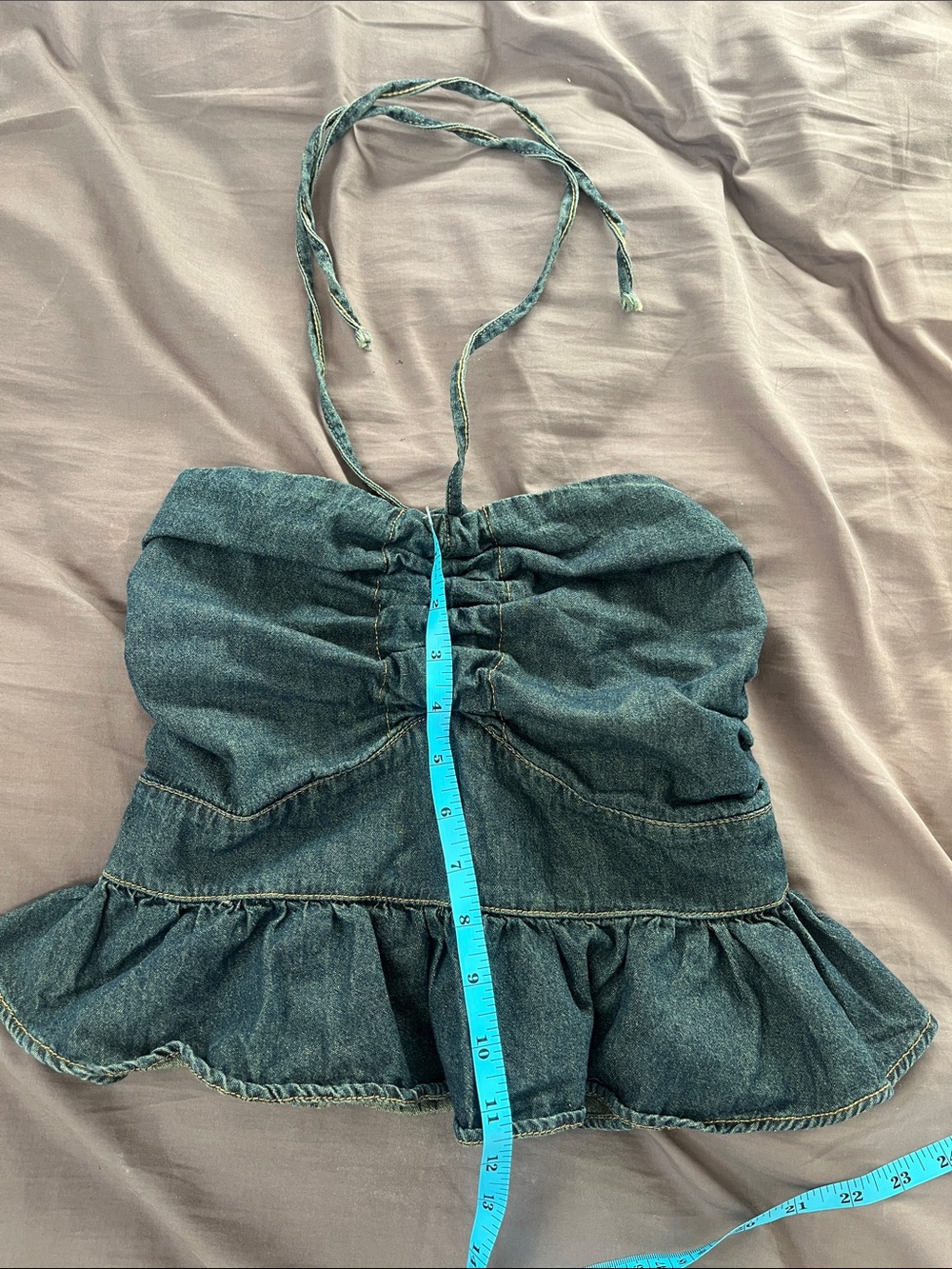 Denim Halter Ruffle Peplum Top - Blue - Picture 3 of 6